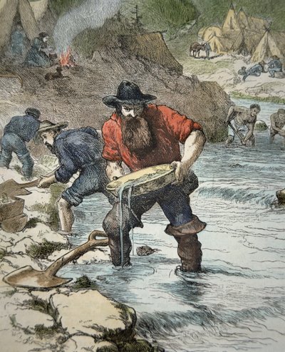Prospektører som panorerer etter gull under Californian Gold Rush i 1849 (farget gravering) av American School