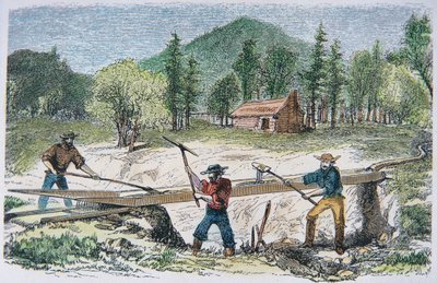 Prospektører som bruker en sluse under California Gold Rush i 1849 (farge litho) av American School