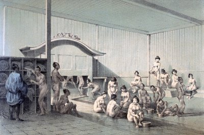 Offentlig bad i Simoda, 1856 (farget akvatint) av American School