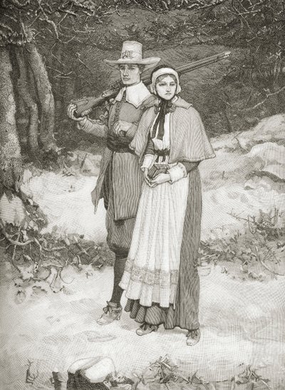 Puritanere går til kirken, fra 'A Brief History of the United States', utgitt av AS Barnes und Co. i 1885 av American School