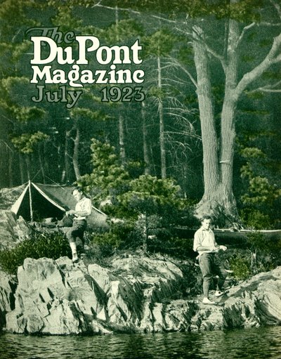 Pyralin drar på fisketur, forside av DuPont Magazine, juli 1923 av American School