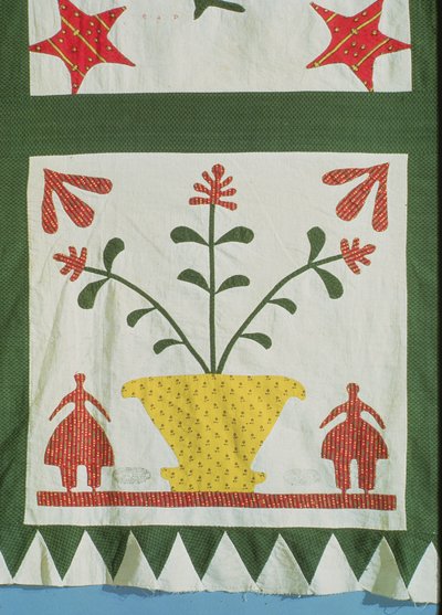 Dynedetalj som viser figurer og blomster (bomull) av American School
