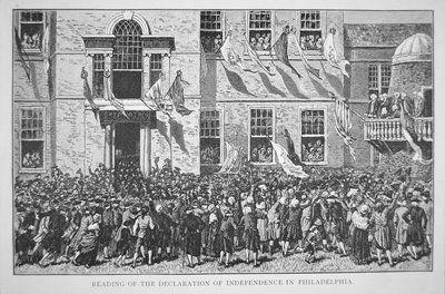 Leser uavhengighetserklæringen til innbyggerne i Philadelphia, 8. juli 1776 (litho) av American School