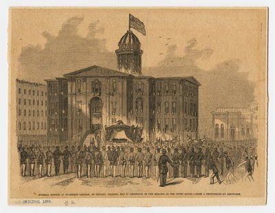 Mottakelse ved tinghuset under Abraham Lincolns begravelse, Chicago, Illinois av American School