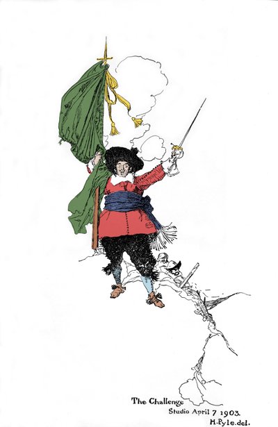 Representasjon av en pirat som kaster en utfordring - I "" Book of pirates Buccaneers and Marooners of the Spanish Main"" av Howard Pyle (1853 - 1911), amerikansk illustratør - 1903 av American School