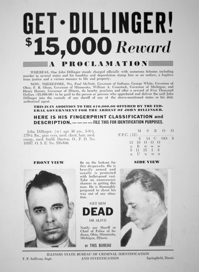 Belønningsplakat for John Dillinger av American School