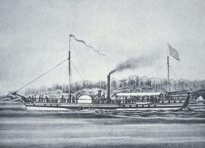 Robert Fultons dampbåt "Clermont", ved Hudson River, New York av American School