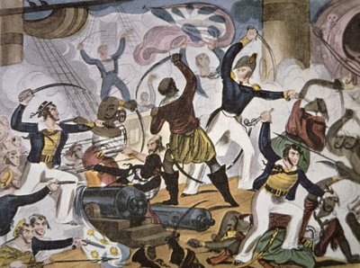 Sjømenn fra Royal Navy går ombord i Algerine piratfartøy, ca. 1820 (farge litho) av American School