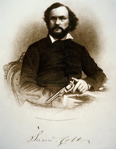 Samuel Colt holder en av sine perkusjonsrevolvere (gravering) av American School