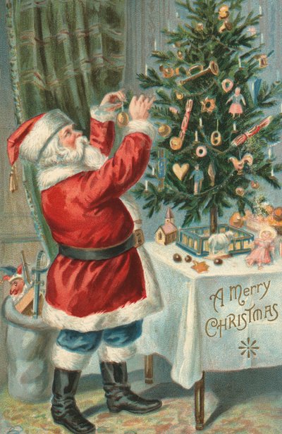 Julenissen pynter et juletre av American School