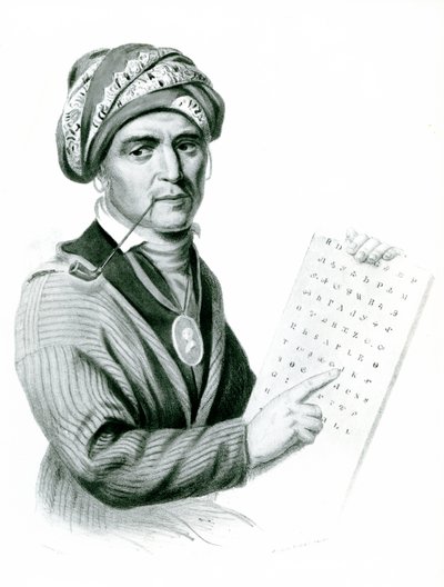 Se Quo Yah (Sequoyah), oppfinner av det indiske alfabetet, 1836 (b:w-bilde) av American School