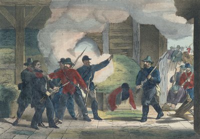 Seizure and Death of the Murderer Wilkie Booth, ca. 1865 (fargetrykk) av American School