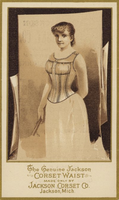 Sepia-fotografi av dame iført korsett av American School