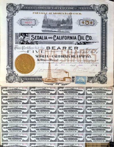 Aksjebevis for Sedalia and Californian Oil Company, U.S.A., 1901 av American School