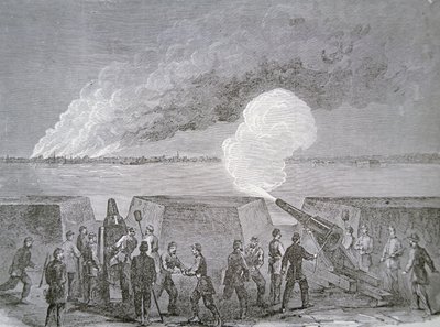 Beleiring av Charleston, byen som brenner under bombardement, 3. januar 1864, fra Harper's Weekly (gravering) av American School