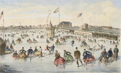 Skating på Union Pond, pub. 1863 (farge litho) av American School