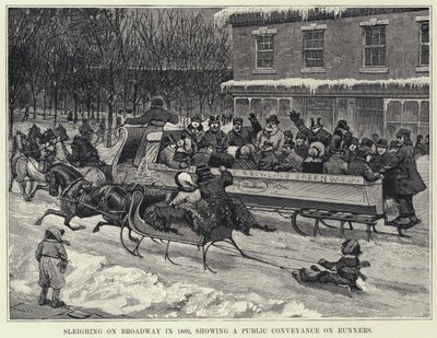 Slede på Broadway i 1860, viser en offentlig transport på løpere (litho) av American School