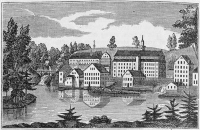 Sørøstutsikt over fabrikkene ved Yantic Falls, Norwich, fra 