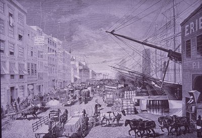South Street Seaport på 1870-tallet, New York City (gravering) av American School