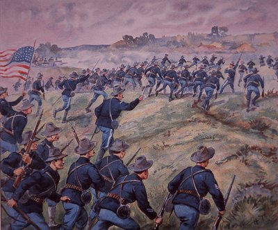 Spansk-amerikansk krig 1898, amerikanske tropper stormer San Juan Heights på Cuba (farge litho) av American School