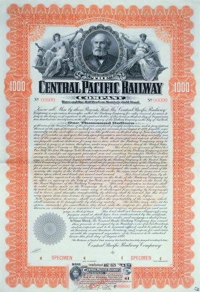 Prøve av obligasjonssertifikat for 1000 dollar for Central Pacific Railway Company, 1899 av American School