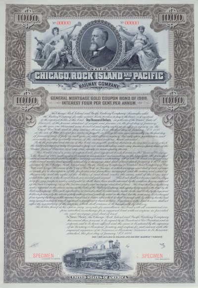 Prøve av obligasjonssertifikat for 1000 dollar for Chicago, Rock Island and Pacific Railway Company, 1898 av American School