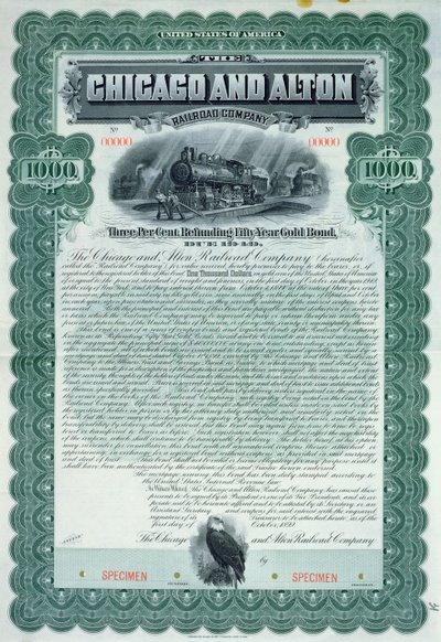 Prøve av obligasjonssertifikat for 1000 dollar for Chicago and Alton Railroad Company, 1899 av American School