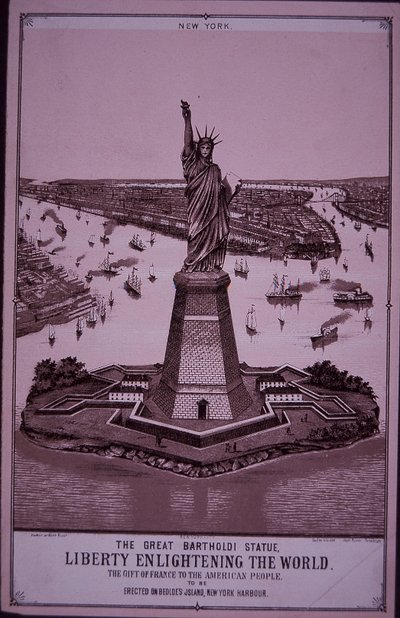 Frihetsgudinnen 'skal reises på Bedloe's Island', trykk av 1885 (gravering) av American School