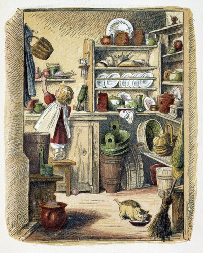 Oppbevaring på kjøkkenet i “” Schnik, schnak, bagateller for de minste””, barnespill. utg. London - Georges Ronthedge og sønner. New York, The Broad Way Ludgate ndc 1890. av American School