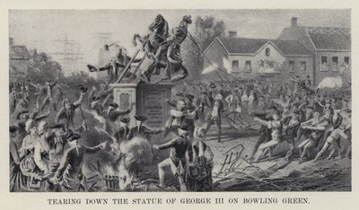 Å rive ned statuen av George III på Bowling Green (litho) av American School