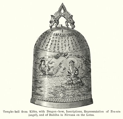 Tempelklokke fra Kioto, med dragebue, inskripsjoner, representasjon av Ten-nin, engel og Buddha i Nirvana på Lotus (gravering) av American School