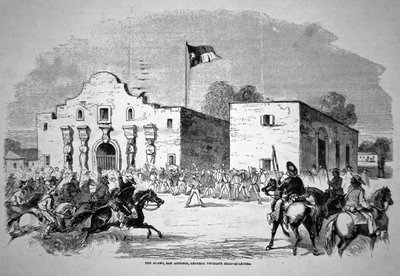 Alamo-fortet i San Antonio, hovedkvarteret til føderale general Twiggs (1790-1862) (litho) av American School