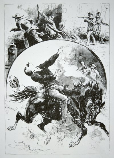 Dalton-gjengen, skutt ned av de rasende innbyggerne i Coffeyville, fra 'National Police Gazette', 5. oktober 1892 (gravering) av American School