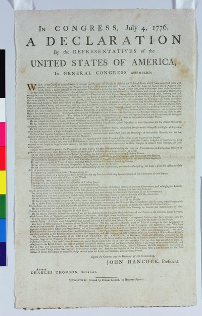 Uavhengighetserklæringen, trykt av Hugh Gaine, 1776 (trykt blekk på papir) av American School