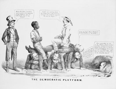 "Den demokratiske plattformen" politisk tegneserie som kommenterer det demokratiske partiets holdning til slaveri, ca. 1856 av American School