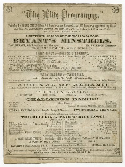 Eliteprogrammet for Bryants Opera House, utgitt av Morris Coster av American School