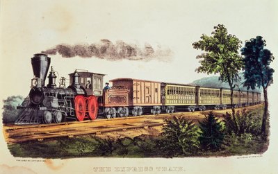 Ekspresstoget, gravert av Nathaniel Currier (1813-88) og James Merritt Ives (1824-95) (litho-farge) av American School