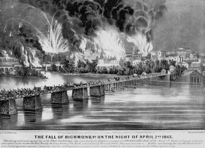The Fall of Richmond, Va. natt til 2. april 1865, pub. av Currier & Ives, 1865 av American School