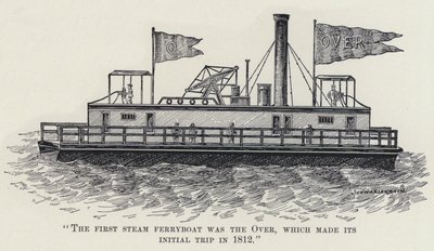 "Den første dampfergen var over, som tok sin første tur i 1812" (litho) av American School