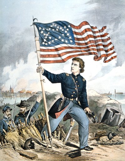'The Flag Again, Waves Over Sumter', gravert av Kimmel & Forster (farge litho) av American School