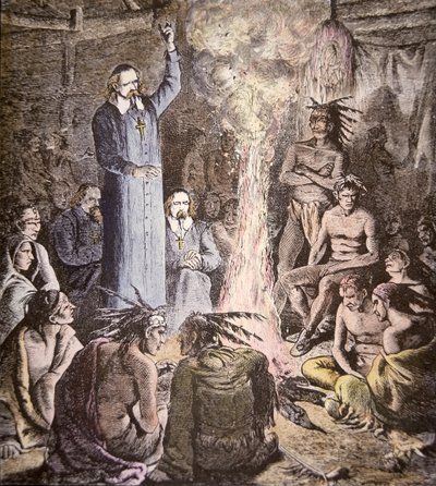 Den franske jesuittmisjonæren Brebeuf blant Algonquins (farge litho) av American School