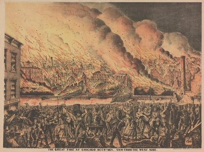 Den store brannen i Chicago, 9. oktober, utsikt fra vestsiden, 1871 av American School