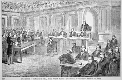The Impeachment of President Johnson i 1868, illustrasjon fra 'Frank Leslie's Newspaper', 28. mars 1868 (litho) av American School