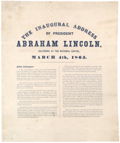 Innvielsestalen til president Abraham Lincoln holdt på National Capitol, 4. mars 1865 av American School