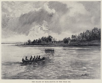 Øya Mana-hat-ta i år 1600 (litho) av American School