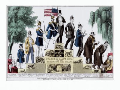 The Life and Age of Man, Stadier av menneskets liv fra vuggen til graven, pub. C 1848 (håndfarget gravering) av American School