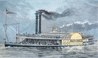 Mississippi-sidehjulet 'Natchez', ca. 1870 (farget gravering) av American School