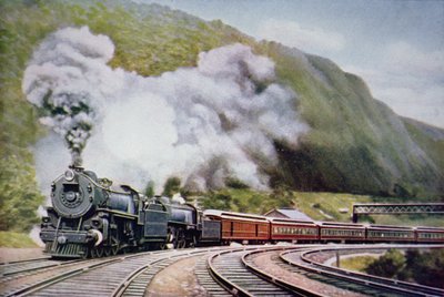 New York til Chicago Express ved Horse-Shoe Curve, Alleghany, ca. 1930 (farge litho) av American School