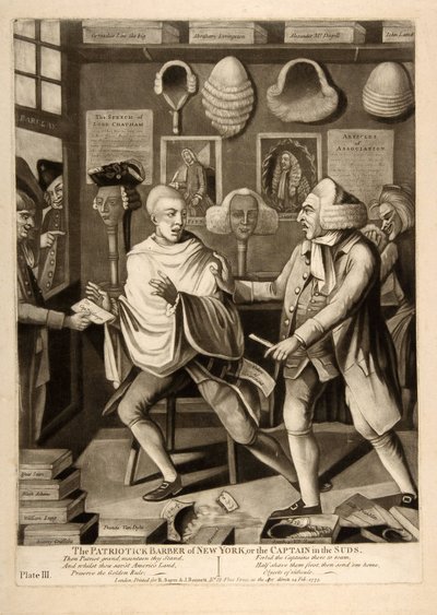 The Patriotic Barber of New York, eller Captain in the suds, pub. 1775 av American School