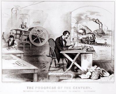 The Progress of the Century: The Lightning Steam Press, the Electric Telegraph, the Locomotive and the Steamboat, pub. av Currier & Ives, 1876 av American School